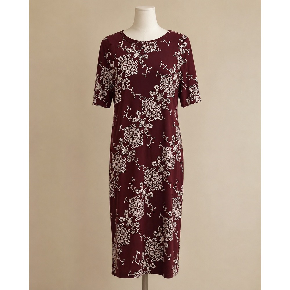 Ronni Nicole Dress Size 6 Women's Burgundy Cream Floral Scroll Midi Dress